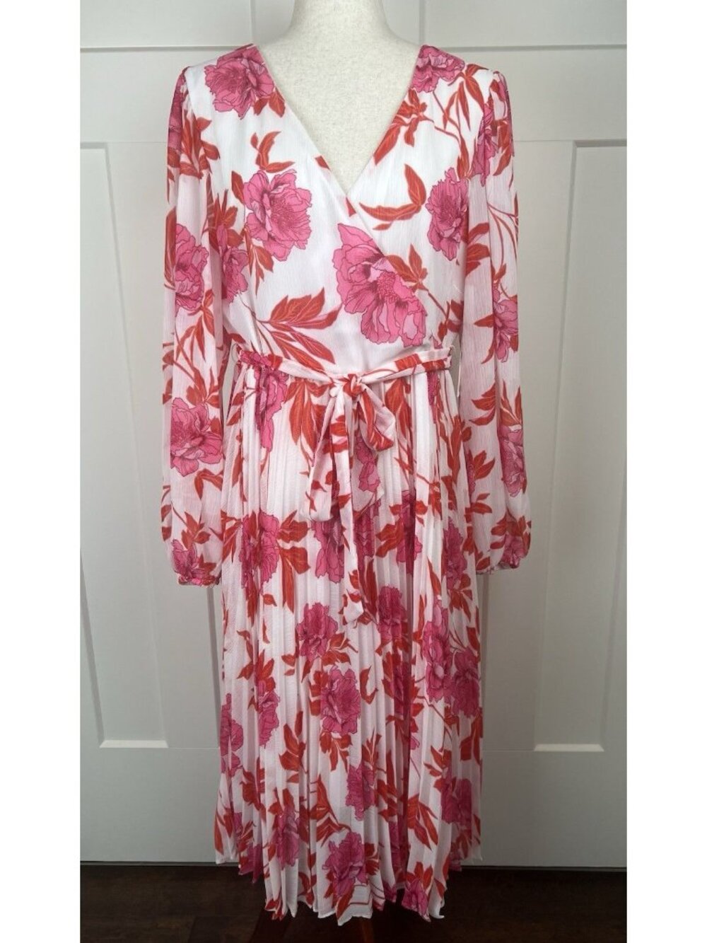Kensie Dress NWT Sz 16 Pink Red Orange Floral Pleated Midi Tie Waist Feminine